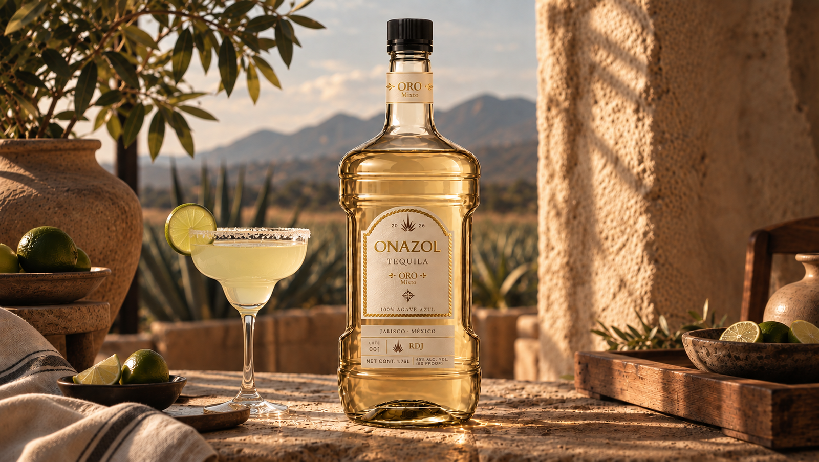 ONAZOL Oro Mixto beside a margarita in warm natural light