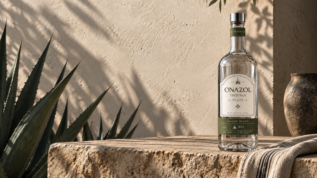 ONAZOL Plata beside an agave plant on a sunlit stone ledge