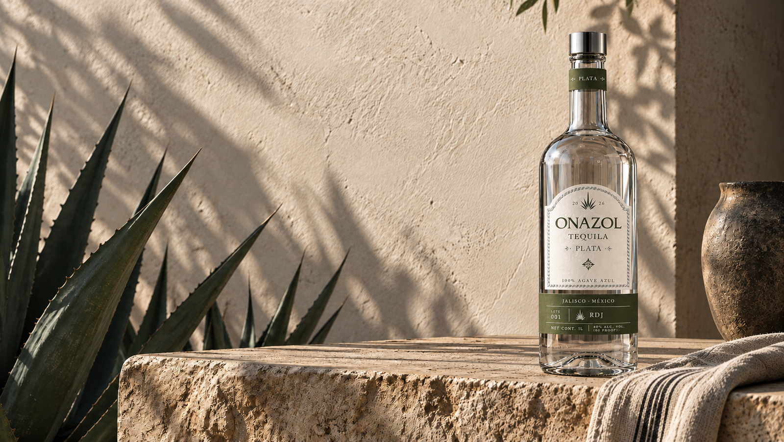ONAZOL Plata beside an agave plant on a sunlit stone ledge