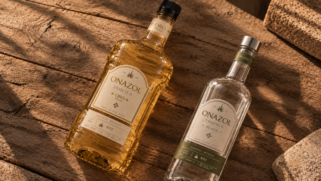 ONAZOL Oro Mixto and Plata bottles on a sunlit wooden table